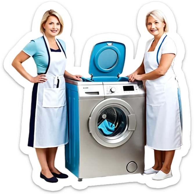 Eine Frau steckt bis zum Bauch in einer Waschmaschine fest und nur die Beine gucken raus und zwei schwarze männer ziehen an ihren Beinen um sie raus zu holen  sticker