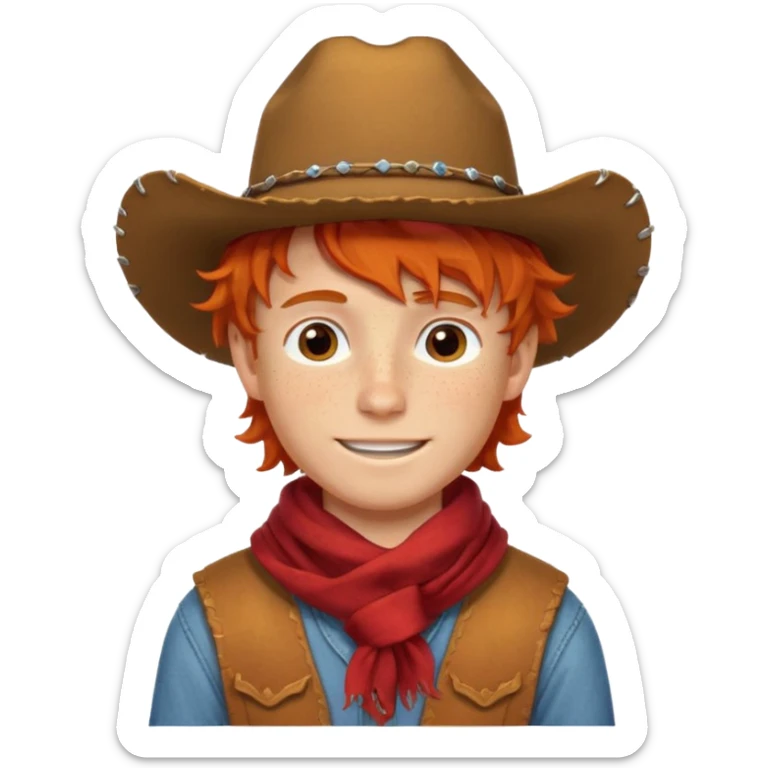 a wavy orange hair boy wearing a cowboy hat with a mischievous grin and freckles with western red scarf on his neck sticker