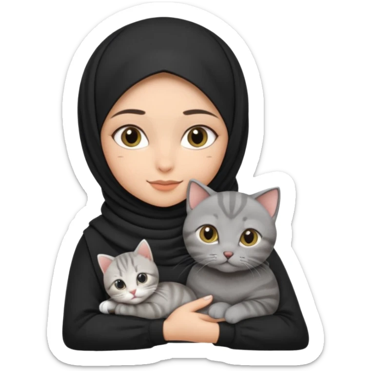 Skinny Middle Eastern hijabi girl (black hijab) with arched brows holding a grey tabby British shorthair, mum and kitten cat sticker