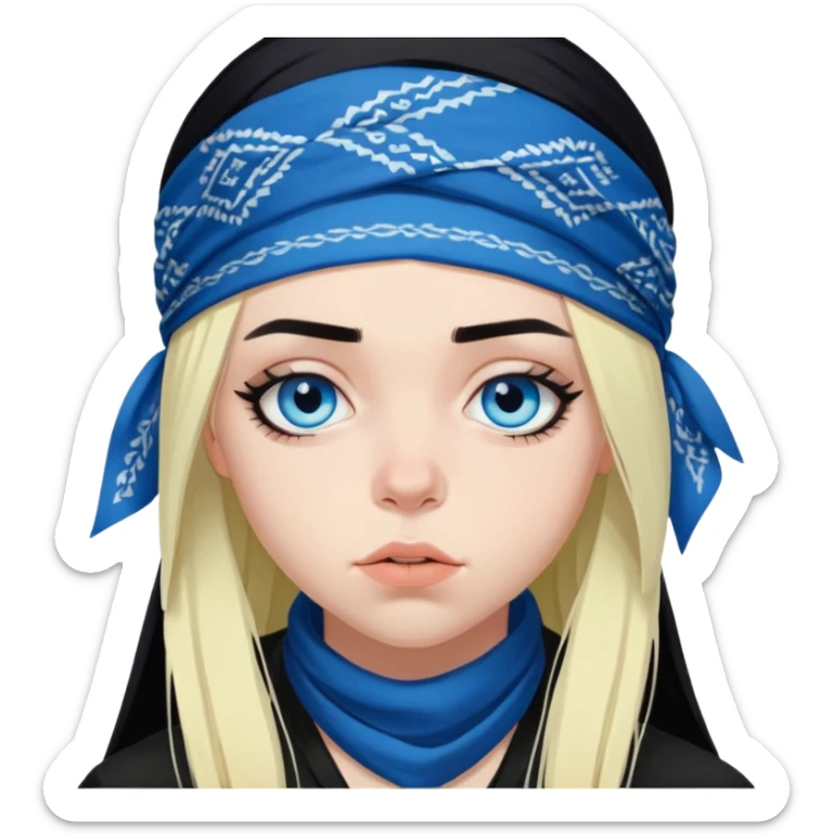 billie eilish blue eyes long black hair dark eyeliner makeup, wearing bandana sticker