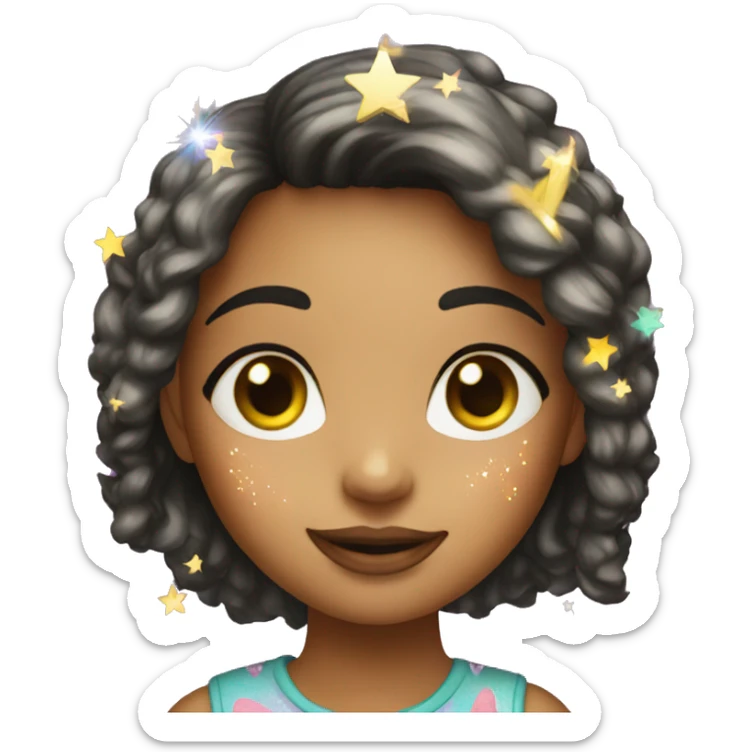 A funky girl with a tuna t shirt and stars on her face and sparkles in her hair that is a bob sticker