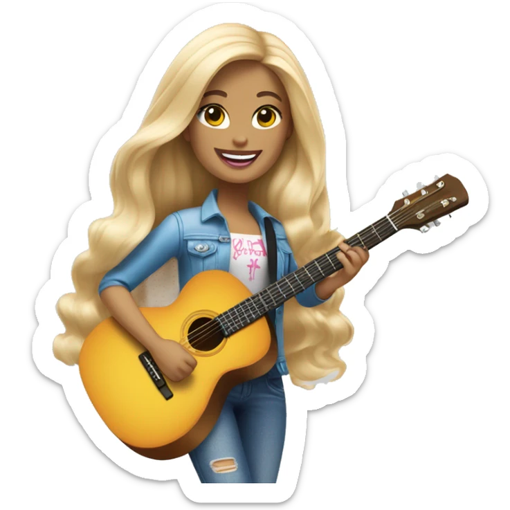 An emoji of a blonde, long-haired Barbie playing a guitar, wearing stylish clothing and smiling confidently sticker