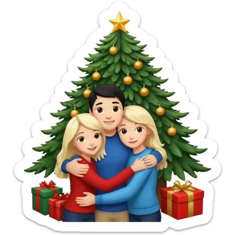 Generate Christmas-style emojis  family. Where light-skinned people stand near the tree all together, hugging and smiling. 2 girl should be Light-haired woman, 1 woman black-haired woman, and add 1 man  sticker