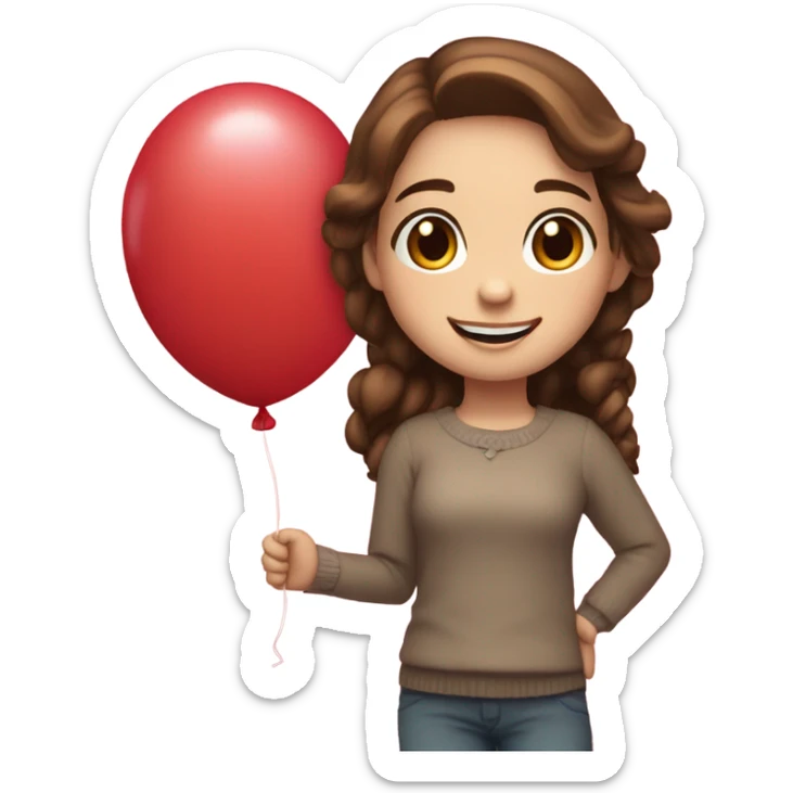 White skinned girl with brown hair and brown eyes holding a balloon that reads “Happy Valentine’s Day!” sticker