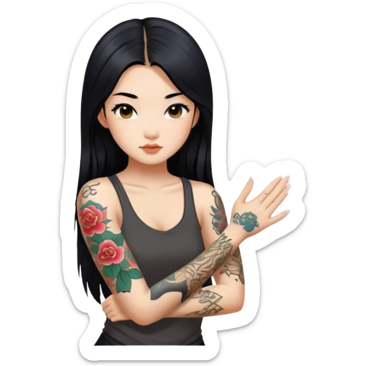 Asian girl with long black hair and tattoos on her arms sticker