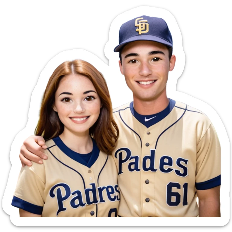 *White* Smiling couple. Woman has big cheeks and a lot of freckles on the nose. long brown hair. Man has black and very short hair and prominent eyebrows with egipcian nose. Both are wearing “Los Padres” baseball jerseys and with a sign that says “Go Padres!” sticker