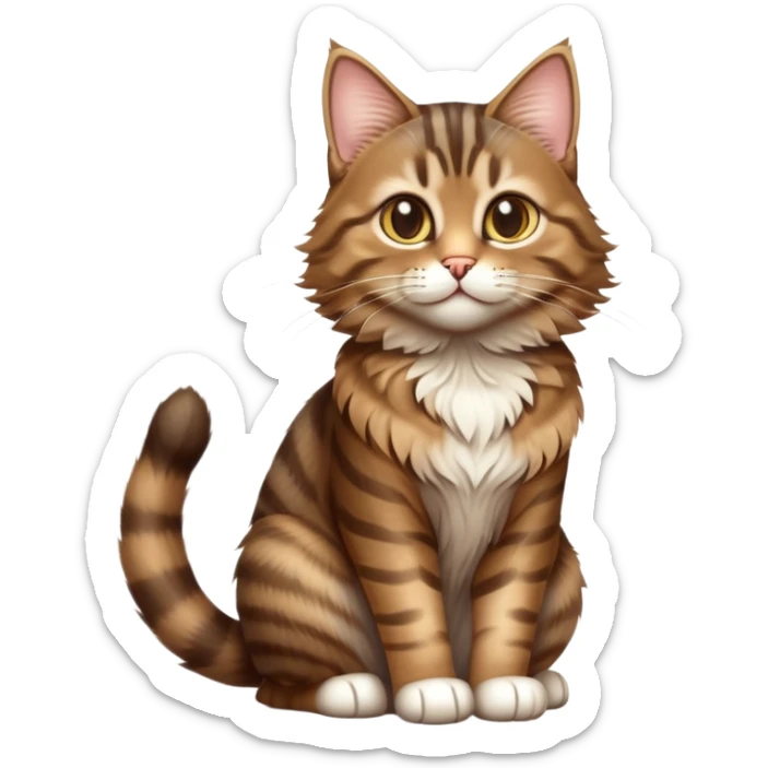 cinematic-[brown tabby cat]-realistic-full-body-sitting-emoji,-tail-curled-playfully-around-its-paws,-head-tilted-dramatically,-fluffy-[tabby]-fur,-simplified-yet-hilariously-adorable-features,-highly-detailed,-glowing-with-an-almost-sarcastic-glow sticker
