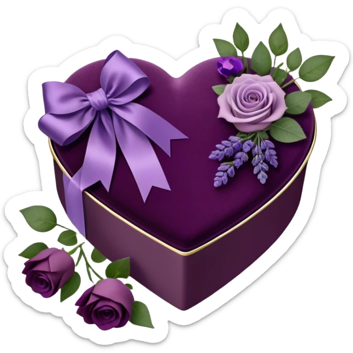 A vintage-inspired heart-shaped velvet box, wrapped with a rich plum silk ribbon, rests beside a delicate arrangement of soft purple roses, lavender sprigs, and dark amethyst pansies. Under the moonlight, tiny silver stars glimmer on the box’s lid, reflecting the romantic glow of an ornate candlestick standing nearby. sticker