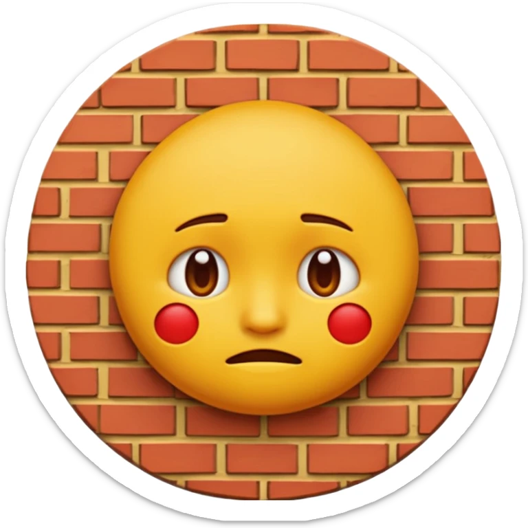If you are familiar with the Melting Face Emoji, the round yellow face, with no define facial features, generate an emoji with that face but sad. Also, the face should be leaning against a red brick wall, with one cheek touching it, so this wall should be in perspective to understand the composition sticker