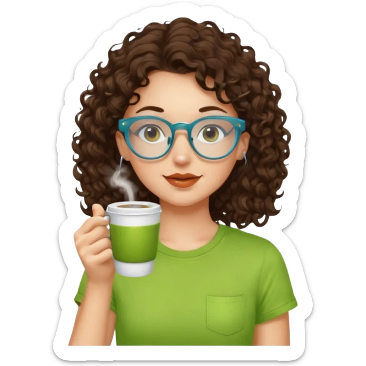 White girl with dark brown curly hair, brown eyes, sky blue glasses, nose ring, apple green t shirt, drinking coffee from a glass cup sticker