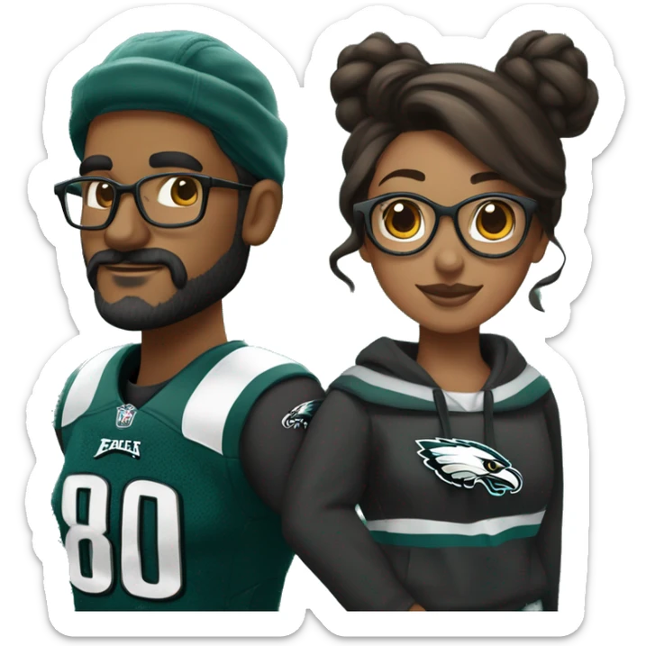 Brown skin couple in Philadelphia Eagles clothing guy has a beard and mustache girl has glasses and her hair in a bun sticker