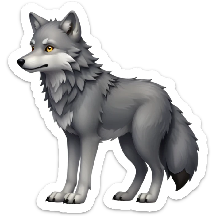 cinematic-[wolf]-realistic-full-body-standing-emoji,-tail-resting-loosely-beside-its-paws,-head-tilted-dramatically, -scruffy-[grey]-fur,-simplified-yet-realistic-focused-features,-highly-detailed,-glowing-with-an-almost-sarcastic-glow sticker