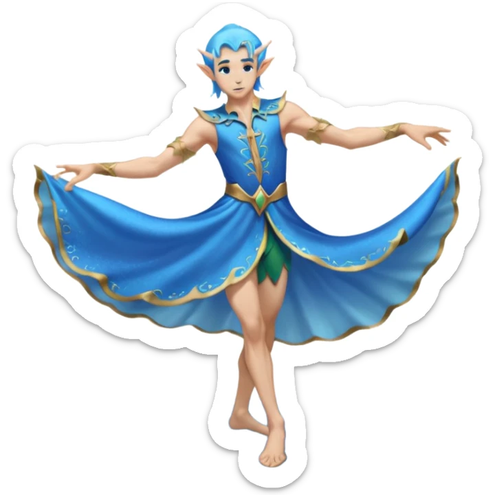 elf male dancer with water-like dress, graceful pose on wet sand, splashes, pointy ears, serene expression, centered emoji, ethereal blue colors sticker