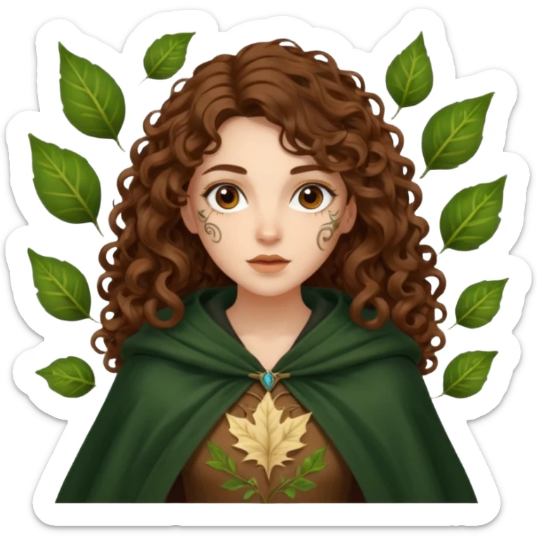 woman with long curly brown hair, brown eyes, white skin, tattoos, cloak made of animated leaves swirling sticker