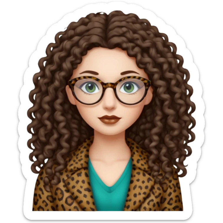 a blue green eyed woman with very very long brunette curly hair, full lips,and pale skin. She is wearing a leopard printed thin round-ish glasses . She is wearing brown clothes. sticker
