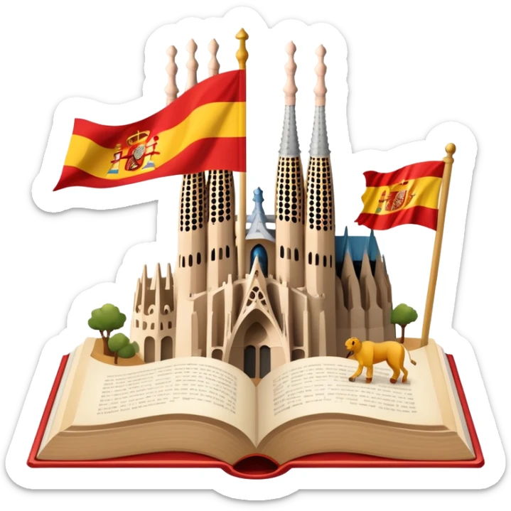 An icon featuring the Sagrada Familia and the flag of Spain, symbolizing the Spanish language. The design includes an open book with Spanish text and flamenco dancers, representing language learning and cultural heritage. Transparent background sticker