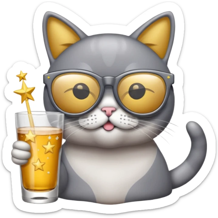 Fait un chat gris avec des lunettes de stars et avec un verre d alcool qui fait la fête sticker