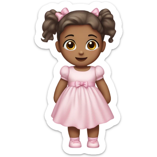 Little Baby Girl with light white skin, brown eyes. Dark hair in two ponytails, with light pink bows.  She is wearing a light pink and White dress, standing and holding a teddybear with a pink bow. Only showing up to her waist sticker