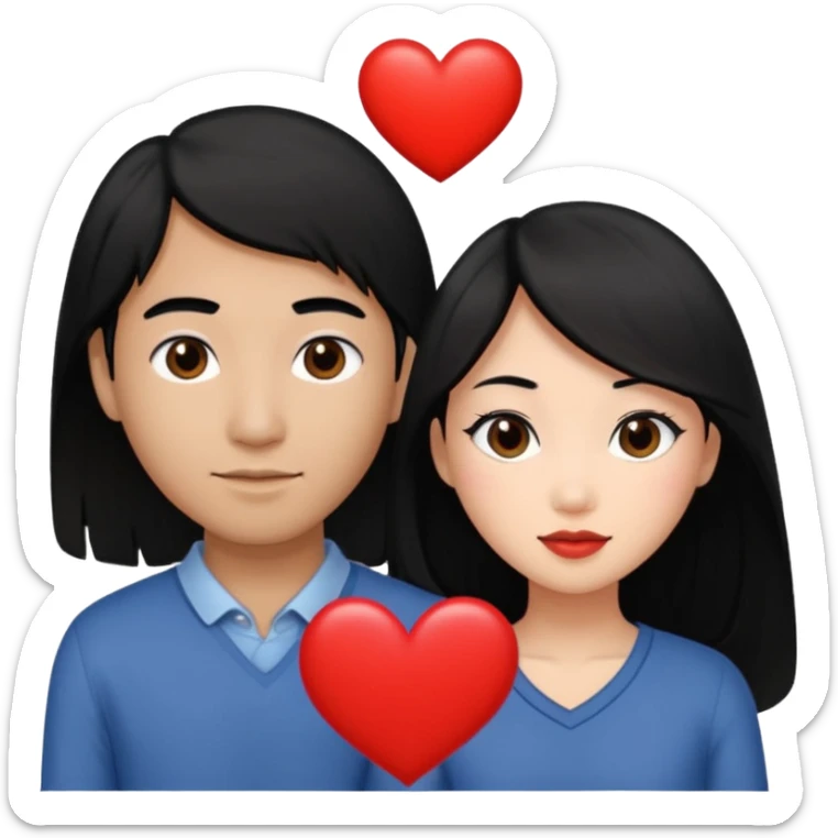 Asian Woman with long black hair black eyes, brown man with short black hair black eyes, and love heart sticker