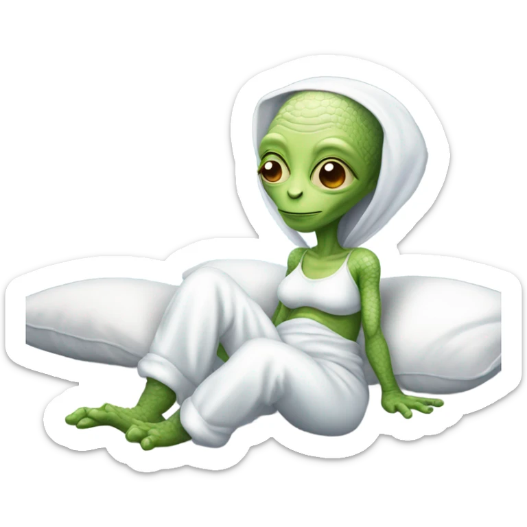 Reptilian alien woman, in white in pajamas, sleeping to bed sticker