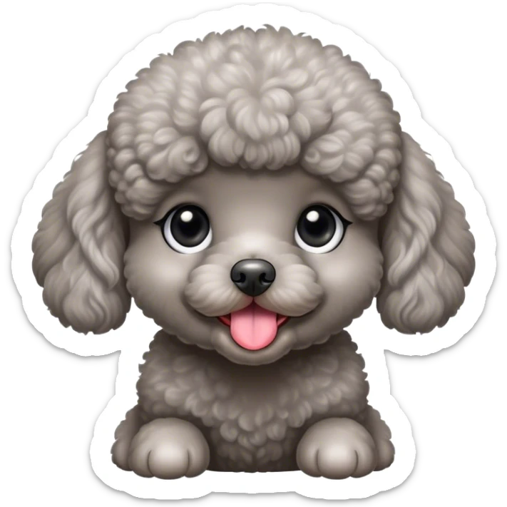Grey toy poodle female puppy, very big and rounded eyes, very cute, sticks her tough out, very lovely  sticker