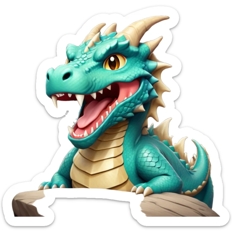 Cinematic Cute Yawning Giant Rock Dragon Portrait Emoji, Head tilted slightly with a dramatic, wide-open yawn, revealing a colossal, rugged body with weathered, rock-like scales and subtly drooping, earthy features rendered in authentic, stony texture; high shine, relaxed yet powerful, styled with a dash of timeless geological charm, soft glowing outline, capturing the essence of a sleepy but stoic rock behemoth ready to settle into an ancient, enduring slumber! sticker