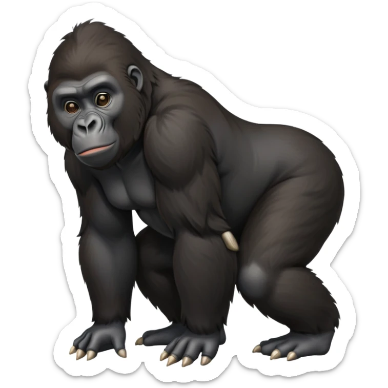 cinematic-friendly relaxed young gorilla-realistic-full-body-crouched on all fours on knuckles-emoji,-poised-with-confidence,-massive-arms-hanging-slightly-forward,-head-tilted-thoughtfully,-thick-black-fur, friendly ,-simplified-yet-realistic sticker