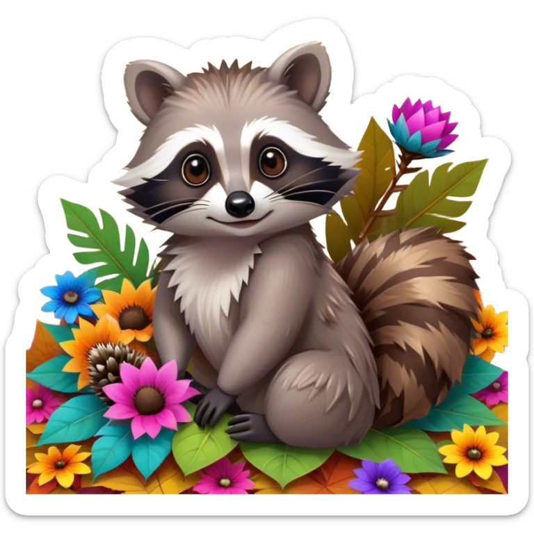 Collage of an exotic raccoon and a hedgehog, both with cute expressions, sitting together on a bed of colorful leaves and flowers. The raccoon is holding a shiny object, while the hedgehog curls up in a playful pose. Bright, nature-inspired background with vibrant colors. sticker