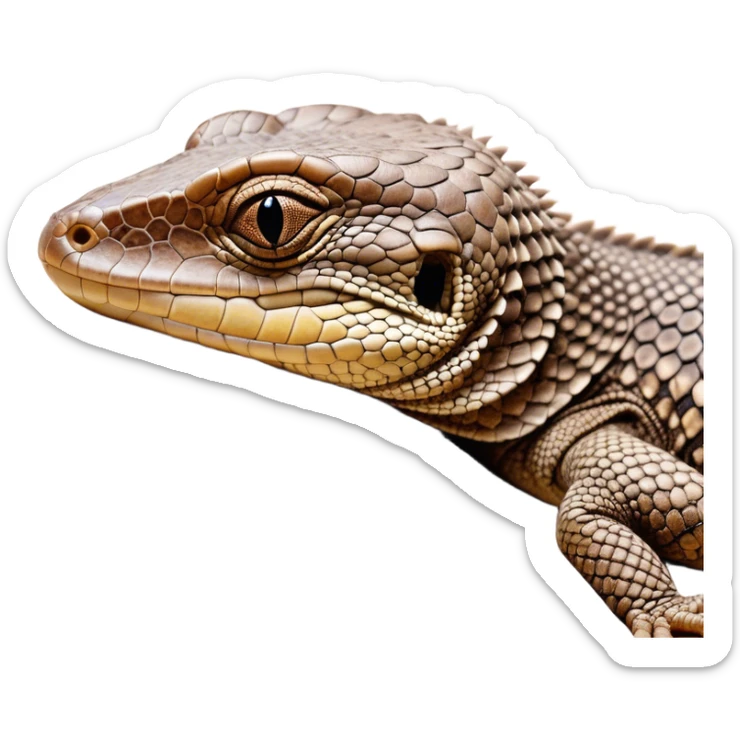 Meme-Worthy cute Sleeping brown camo spotted monitor Lizard Portrait Emoji, Head resting peacefully with a contented smile, showcasing intricately patterned scales and eyes gently closed in serene slumber, Simplified yet comically adorable features, highly detailed, glowing with a soft, drowsy earthy light, high shine, relaxed and utterly lovable, stylized with an air of playful laziness, bright and heartwarming, soft glowing outline, capturing the essence of a sleeping reptilian guardian that feels destined to become the next viral icon of adorable rest! sticker