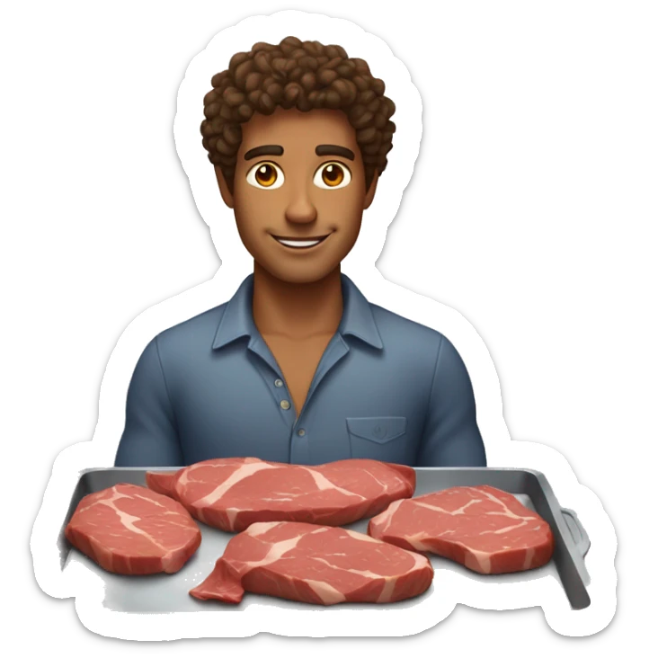 Man with curly brown hair and tanned skin with meat on tray  sticker