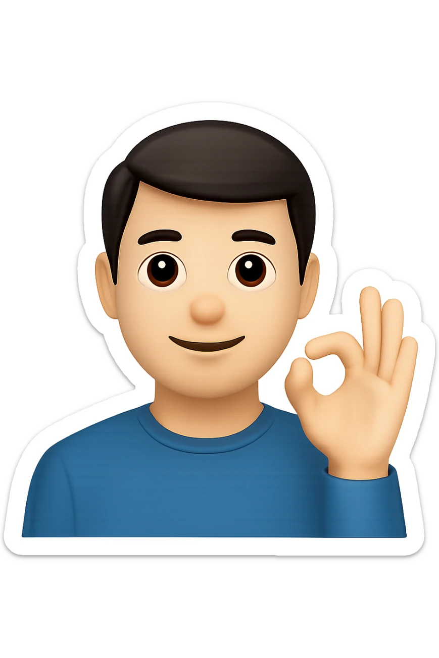 Edit the image to depict a man with a raised hand making the 'okey' sign in the style of apple emojis with normalized, natural-looking fingers. Preserve the apple emoji style but improve finger naturalness and normalization. sticker
