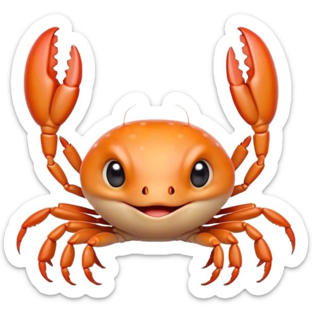 Cinematic Cute Baby Crab Portrait Emoji, Head tilted playfully and inquisitively, featuring an adorably small form with a delicately patterned carapace, round, sparkling eyes, and tiny, endearing pincers, Simplified yet irresistibly adorable features, highly detailed, glowing with a warm, friendly coastal glow, high shine, affectionate and lively, stylized with a touch of seaside whimsy, soft glowing outline, capturing the essence of a mischievous yet loving baby crab that seems as if it could pinch its way out of the screen into your arms! sticker