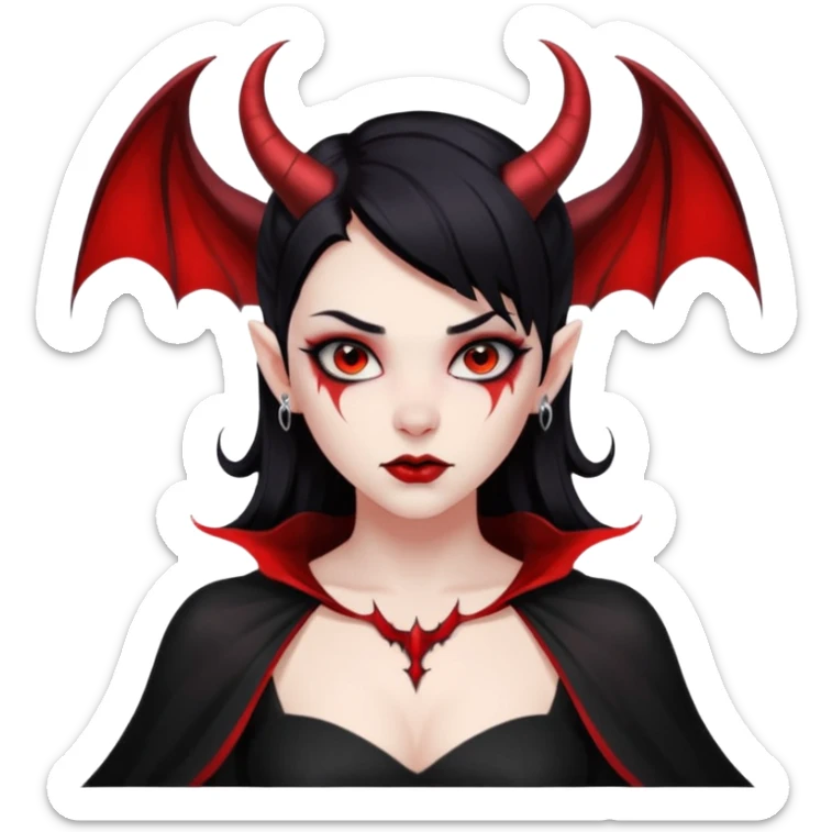 Demon girl, entire skin solid red, black hair, horns, bat wing, black dress, tattoo-flash comic. sticker