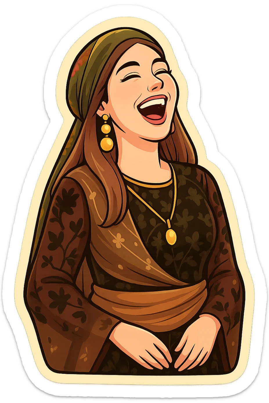 Kurdish cartoon sticker of the same woman in the new dress, laughing out loud, mouth wide open, head back, very happy, no text, transparent background sticker