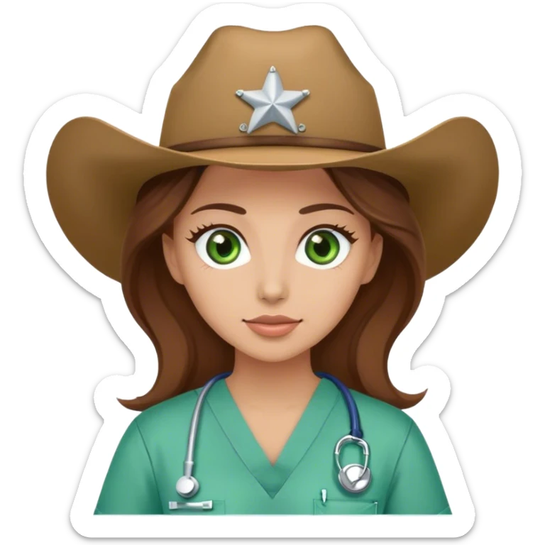 Woman with brown hair and green eyes wearing scrubsand a cow girl hat sticker