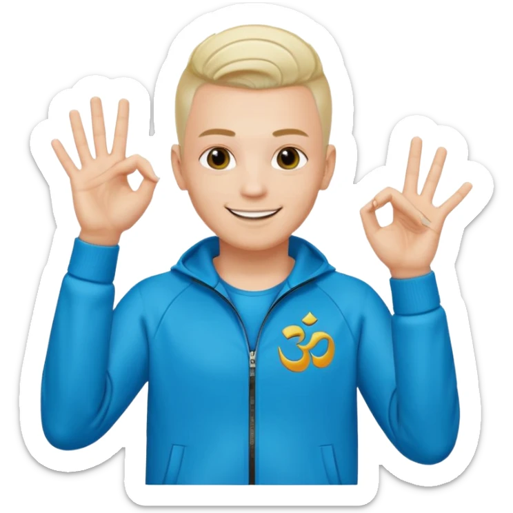 rapeur jul en emoji ios, blanc, rasé sur les cotés, cheveux au centre dressés au gel, signe J avec les mains, survet de l'om sticker