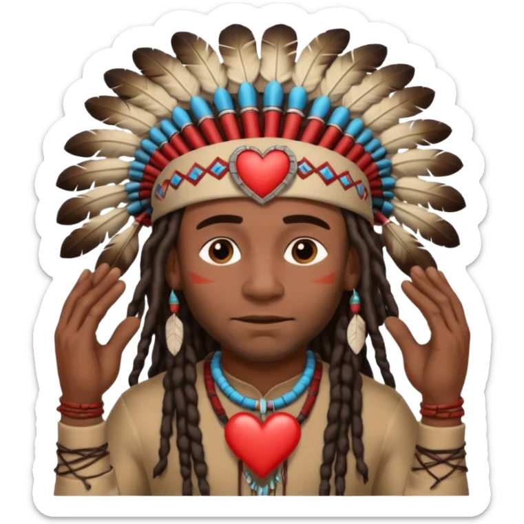Black American man dark brown with dreads with a American Indian headdress with making a heart with both his hands sticker