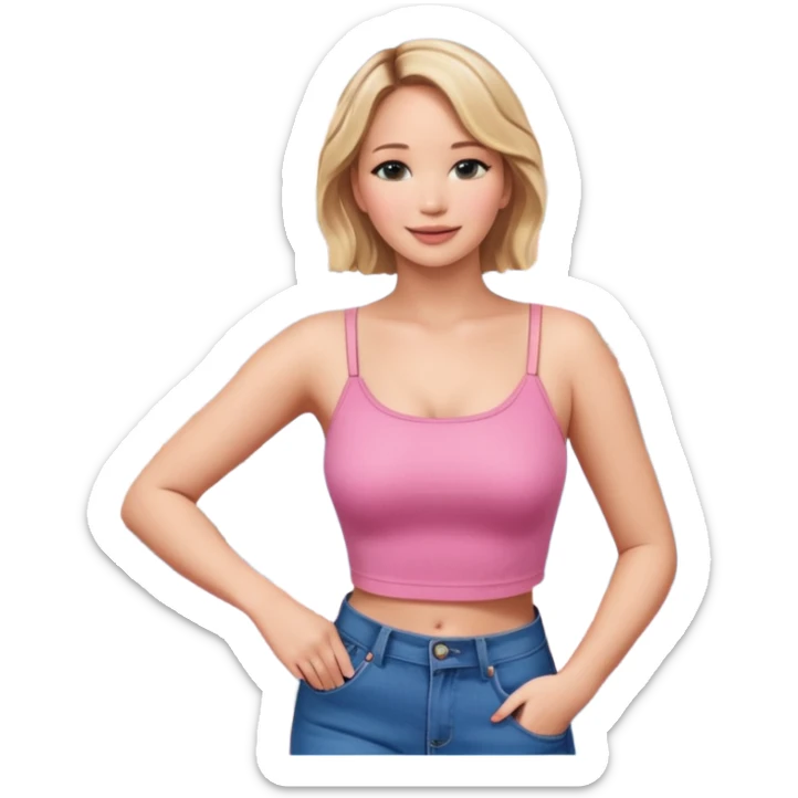 jennifer lawrence, pink crop top, and blue jeans, leaning on a balcony with a harbor and cityscape in the background, smiling sticker