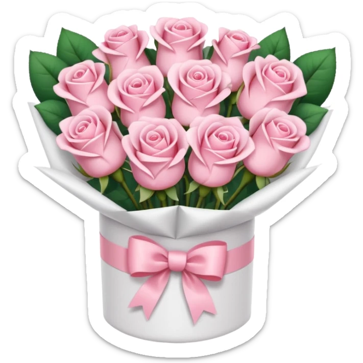 light pale pink bouquet of roses wrapped in white wrapping paper with pink bow sticker