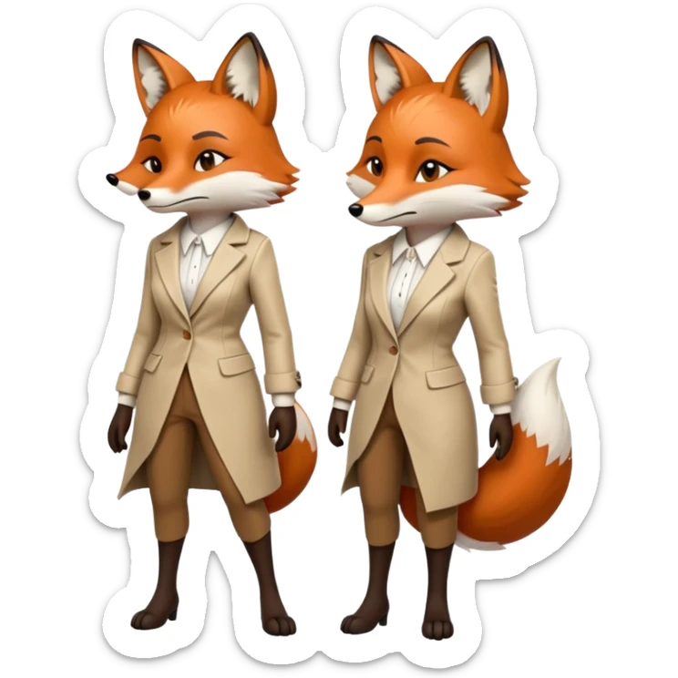 serious anthropomorphised female fox in stylish outfit, no sunglasses, very sad and crying, looking to the left, full-body view sticker