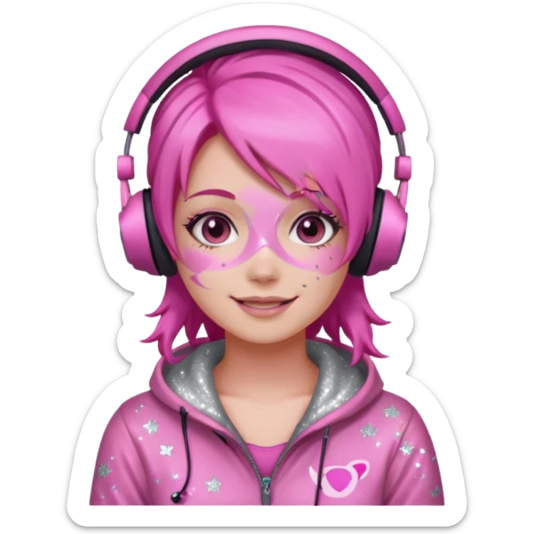 glitter pink gamer girl happy pink hair sticker