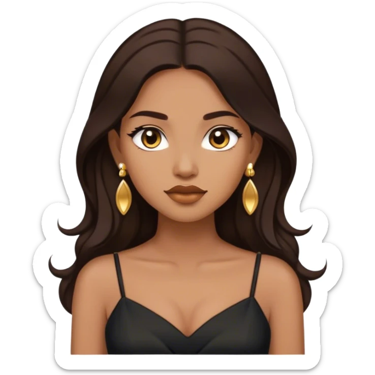 Beautiful woman,cute, long dark brown hair in dark dress with gold earrings sticker