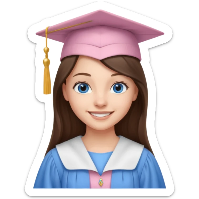 young brunette girl long hair, blue eyes and light pink gown and cap university graduate sticker