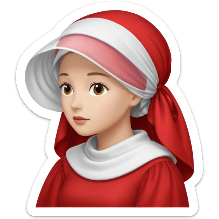 mujer de perfil con un vestido rojo de manga y falsas largas y voluptosas, y una toca blanca GRANDE que no se le ve la cara porque la toca la cubre sticker