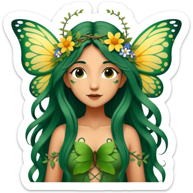 Cinematic Realistic Forest Fairy Portrait, depicted with lifelike, sun-kissed tanned skin that radiates an earthy glow, softly illuminated by natural, dappled light. Her long, flowing dark green hair is intricately detailed and interwoven with delicate vines and wildflowers, while her deep, soulful eyes mirror the wisdom of the forest. Dressed in an attire inspired by nature’s palette—with subtle botanical motifs—the portrait exudes a soft, enchanted glow that melds realism with woodland magic showing her large butterfly wings from her back. sticker