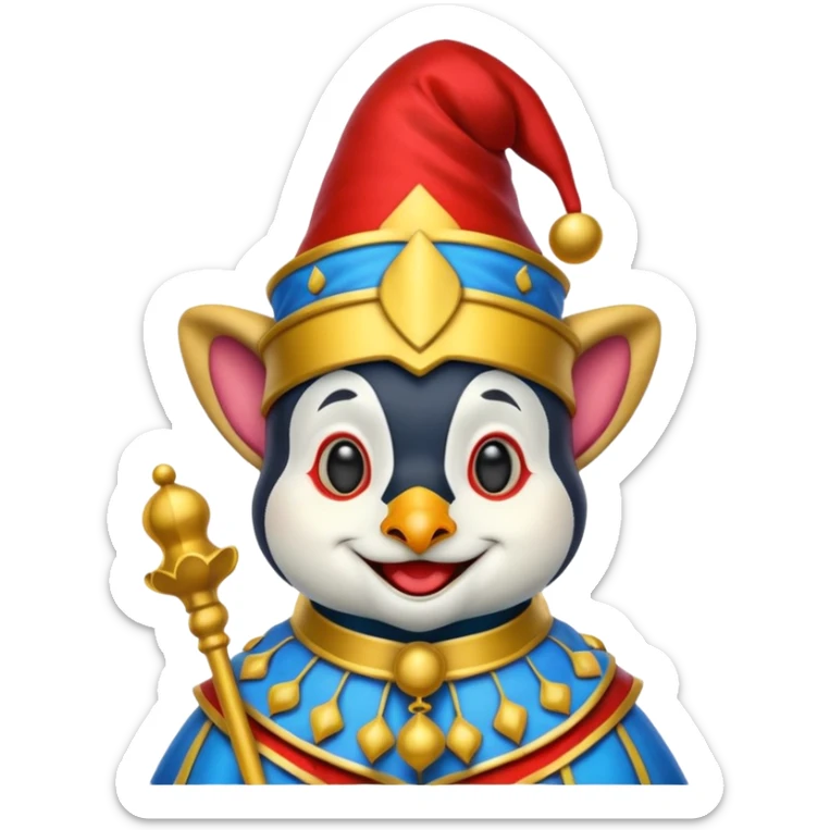 crazy colorful puppy penguin jolly joker, medieval, vintage, court jester, mac os icon, blue color sticker