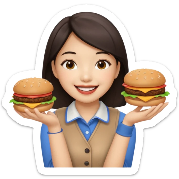 create a humongous asian girl with 2 burgers and a cookie in her mouth sticker