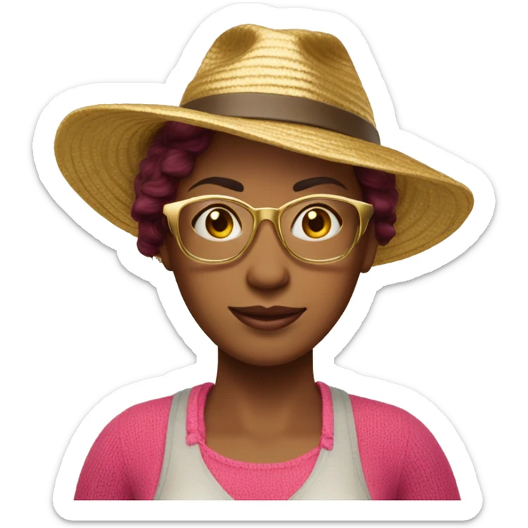 45-year-old Dutch woman with dark red colored short hair, pink sweater and gold glasses wearing beach hat sticker