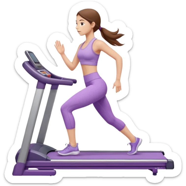 girl with long brown hair on treadmill wearing light purple yoga set sticker