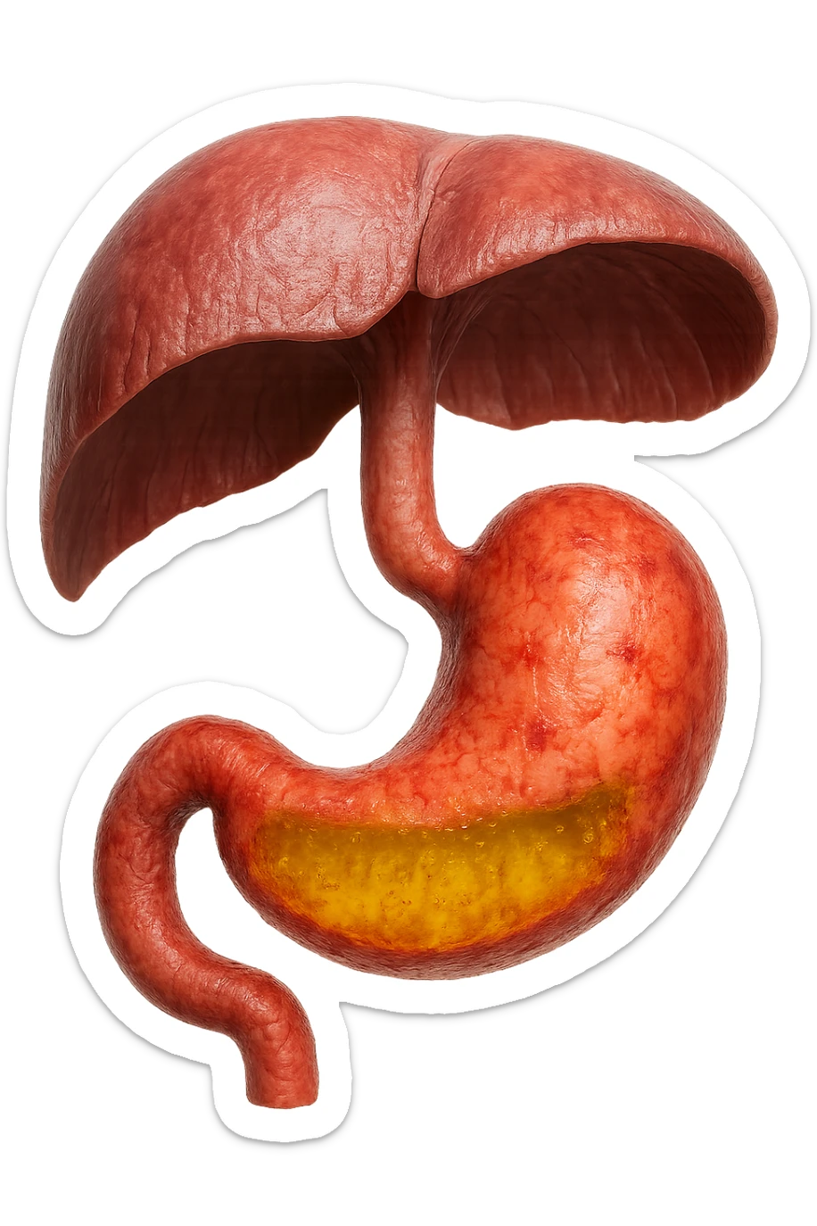 stomaco umano anatomico infiammato con acido giallo all'interno fluttua in aria insieme ad un diaframma umano, iperrealistico 4k, isolato su sfondo bianco sticker